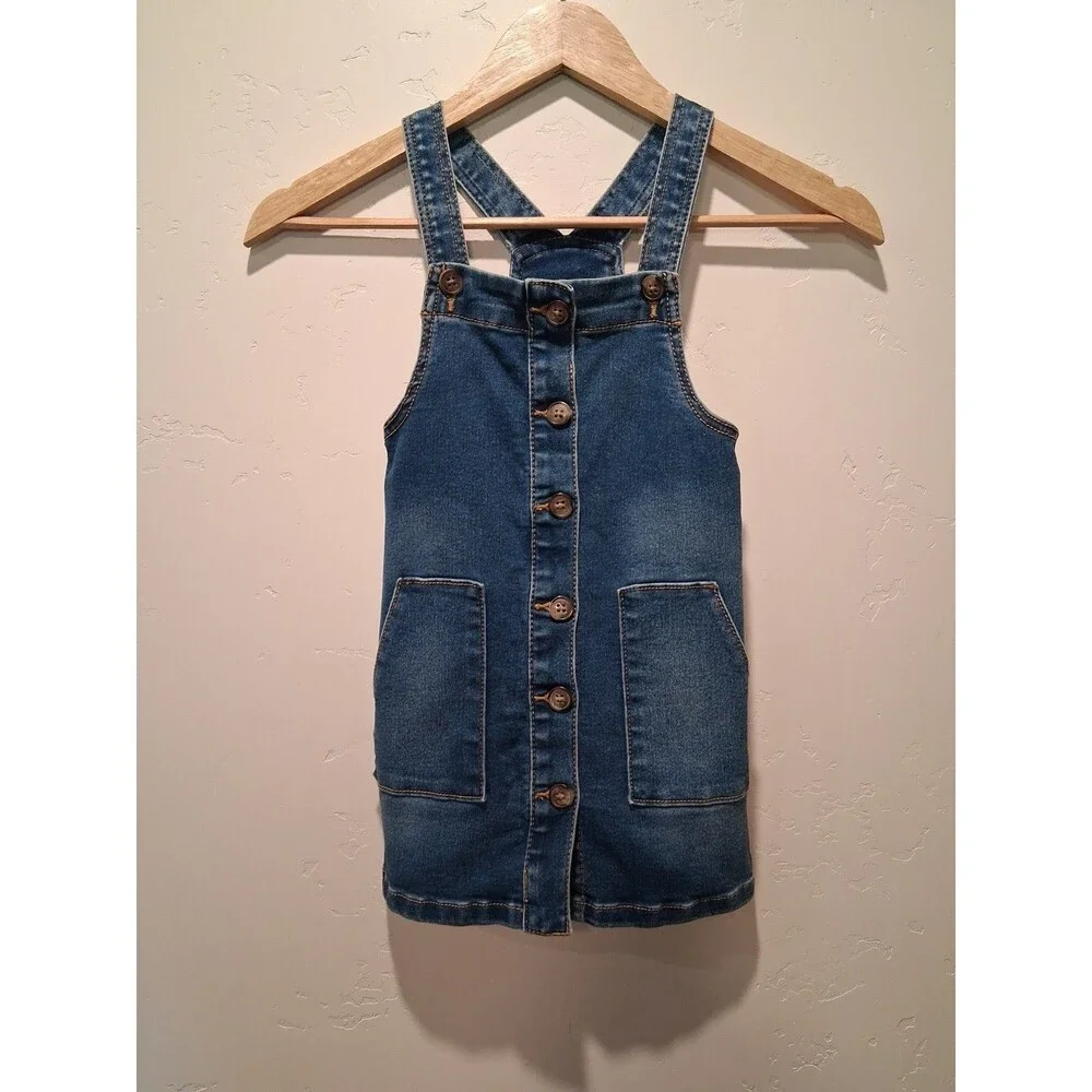 SET OF 2:  Wonder Nation 4T Denim & Animal Print Button Up Overall Dresses